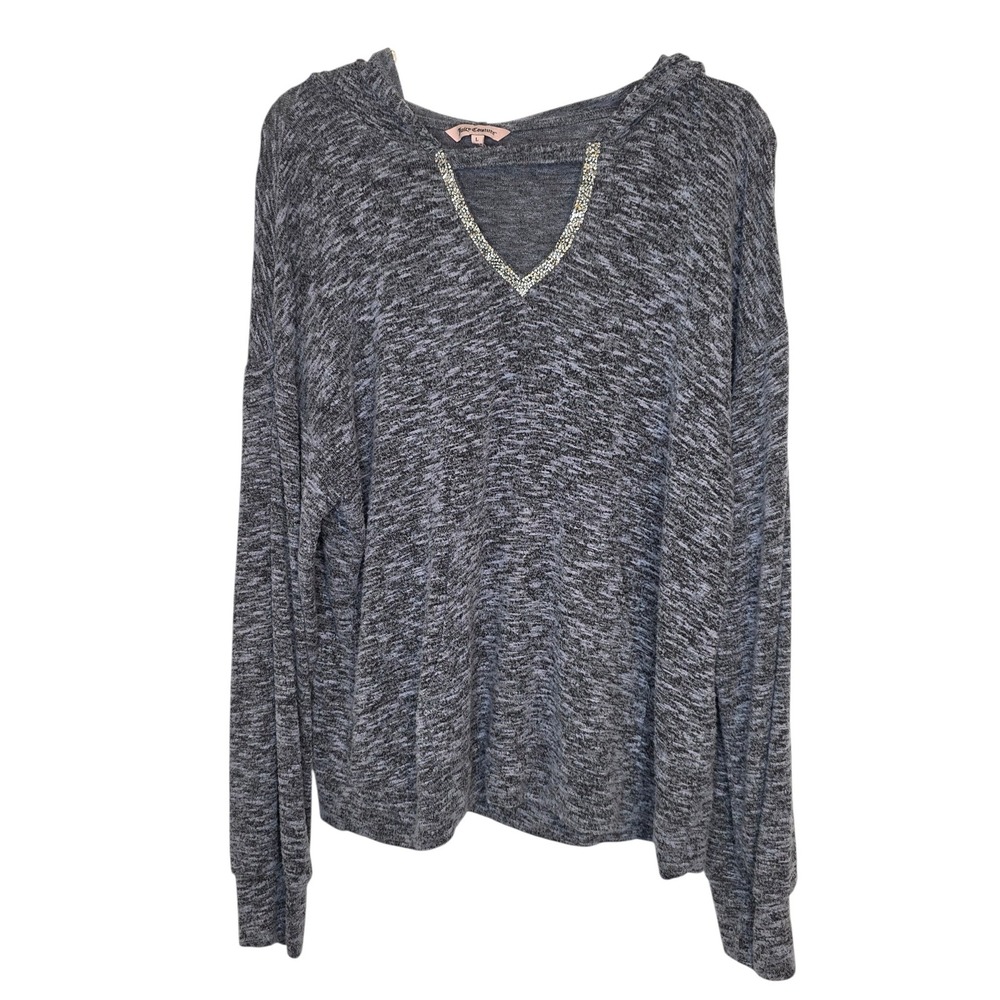Juicy Couture Gray Space Dye Rhinestone V-Neck Pullover Hoodie Large